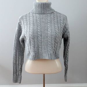 Love Tree Drop Shoulder Cropped Turtleneck Cable Knit Sweater Gray